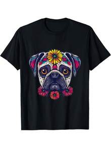 Camisetas De Hombre Y Mujer Con Estampado Del Día Muertos Mexicano: Calavera Pug Negra, Flores E Imprenta 100% Algodón - Cuello Redondo Regular Fit En Rosa, Órgange Morada Para Conjuntados A Juego. Lavable Maquina Camiñeta Casual Verano Ideal Para Eventes Temáticos O Atuendros Informales - Oscuro - Ver 1