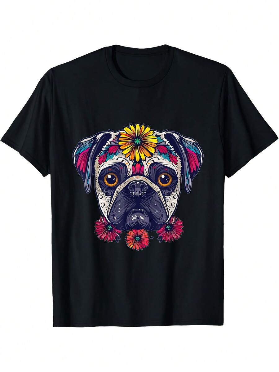 Camisetas De Hombre Y Mujer Con Estampado Del Día Muertos Mexicano: Calavera Pug Negra, Flores E Imprenta 100% Algodón - Cuello Redondo Regular Fit En Rosa, Órgange Morada Para Conjuntados A Juego. Lavable Maquina Camiñeta Casual Verano Ideal Para Eventes Temáticos O Atuendros Informales - Oscuro - Ver 1