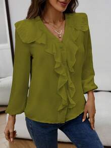 Women's Fashionable Elegant Casual Ruffle Trim V-Neck Long Sleeve Blouse, Spring/Autumn - Olive Green - View 3