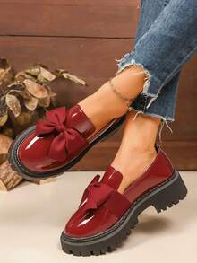 Bowknot Preppy Style Lace-Up Casual Sneakers For Women, Thick Sole Non-Slip Countryside Vacation Outdoor Dance Running Hiking Shoes, Solid Color Preppy College Street Casual Sports Shoes, Running Fitness Student Flat Shoes, Beach Wedding Party Office Home Gym Outdoor All Season Comfortable Breathable Low Price Smooth Fabric Nurse Shoes Sole Loafers Red Flats