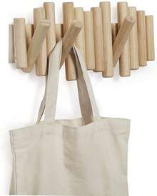 Modern Natural Wood Wall Mounted Coat Rack,  5 Hooks, Scandinavian Style Storage Organizer, Linear Design, Can Be Installed Without Drilling Holes - Ginger - View 2