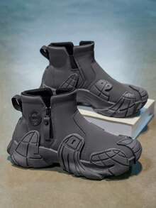 Men's Hiking Boots, Autumn/Winter New High-Top Thick Sole Anti-Slip Zipper Convenient Wear, Gear Tread Mechanical Futuristic Chunky Sneakers For Young Men, Students, Casual, Outdoor, Hiking, Running, Shock Absorption