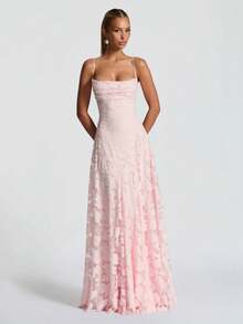 Elegant Off-The-Shoulder Jacquard Lace Strap Dress, Waist Tie, Graceful Evening Gown - Hồng - Xem 3