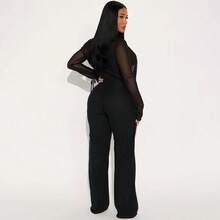 Women's Fashion Sexy Mesh Swinging Collar Strap Long Sleeve Top Slimming Pants Set Two Piece Set - 黑色 - 查看 2