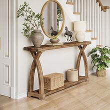 LITTLE TREE Console Table Sofa Table For Entryway, 63-Inch Long Solid Wood Farmhouse Couch Table Behind Sofa With 2-Tier Storage Shelf For Living Room, Foyer, Hallway - 棕色 - 查看 2