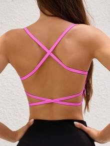 Women's Sports Bra, Criss-Cross Backless Sports Tank Top With Removable Pads, Showcases Your Beautiful Back Lines, Suitable For Running, Yoga And Fitness In Summer - Hot Pink - View 1