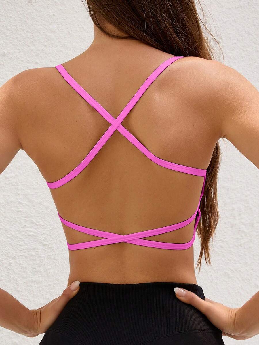 Women's Sports Bra, Criss-Cross Backless Sports Tank Top With Removable Pads, Showcases Your Beautiful Back Lines, Suitable For Running, Yoga And Fitness In Summer - Hot Pink - View 1
