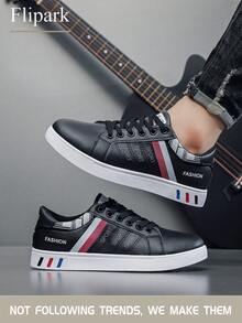Flipark Giày trượt patin buộc dây thiết kế sọc dành cho nam - Mặt trên bằng da PU chống mòn, lớp vải bên trong thoáng khí, đế vải, đế PVC chống trượt, mũi giày tròn, hoàn hảo cho trang phục thường ngày ngoài trời vào mùa thu, xuân, hạ, đông - màu đen - Xem 3