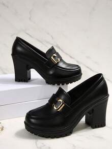 Women's Classic Thick Heel High Heels, Chunky Heel Pumps, Comfortable Work Shoes, Spring/Summer 2025 - 黑色(C扣) - 查看 3