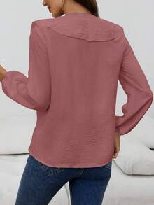 Blusa de manga larga con cuello en V y volantes elegante y casual para mujer, primavera/otoño - Rosa vieja - Ver 6
