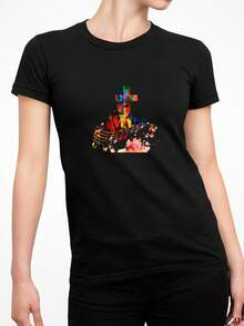 Camiseta Feminina Babylook T shirtcruz notas musicais evangélica musica religiosa religião fé 100% Algodão Várias Cores - Preto - Visão 2