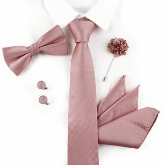 ZONFAZ 5pcs/Set Men's Business Classic Solid Color Necktie + Bow Tie + Pocket Square + Cufflinks + Lapel Pin Suit Accessory Set, Suitable For Weddings, Formal Events And Daily Wear