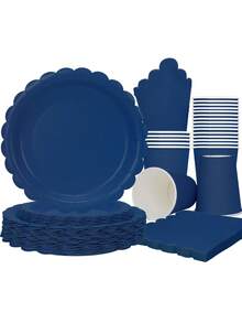 10pcs/20pcs/50pcs/80pcs Navy Blue Plates Cups Napkins Tableware Kit Navy Blue Party Supplies Inlcudes Scalloped Plates Napkins Cups Dinnerware Set For Birthday Wedding Picnic Decorations - Multicolor - View 1