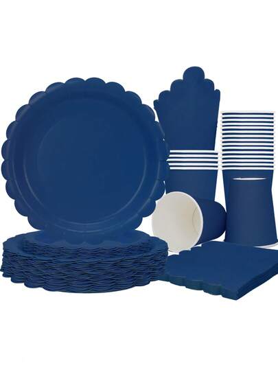 10pcs/20pcs/50pcs/80pcs Navy Blue Plates Cups Napkins Tableware Kit Navy Blue Party Supplies Inlcudes Scalloped Plates Napkins Cups Dinnerware Set For Birthday Wedding Picnic Decorations
