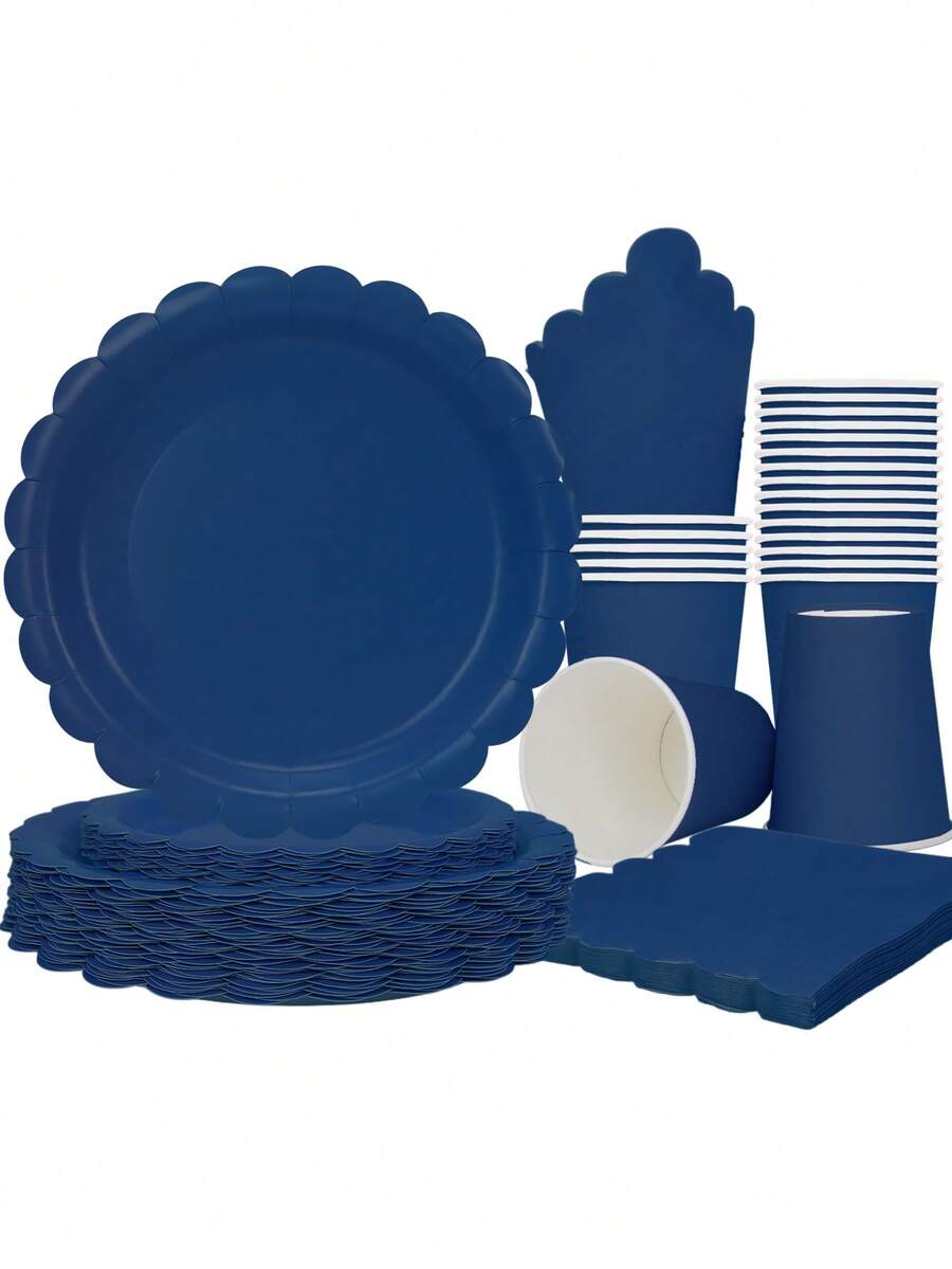 10pcs/20pcs/50pcs/80pcs Navy Blue Plates Cups Napkins Tableware Kit Navy Blue Party Supplies Inlcudes Scalloped Plates Napkins Cups Dinnerware Set For Birthday Wedding Picnic Decorations - Multicolor - View 1