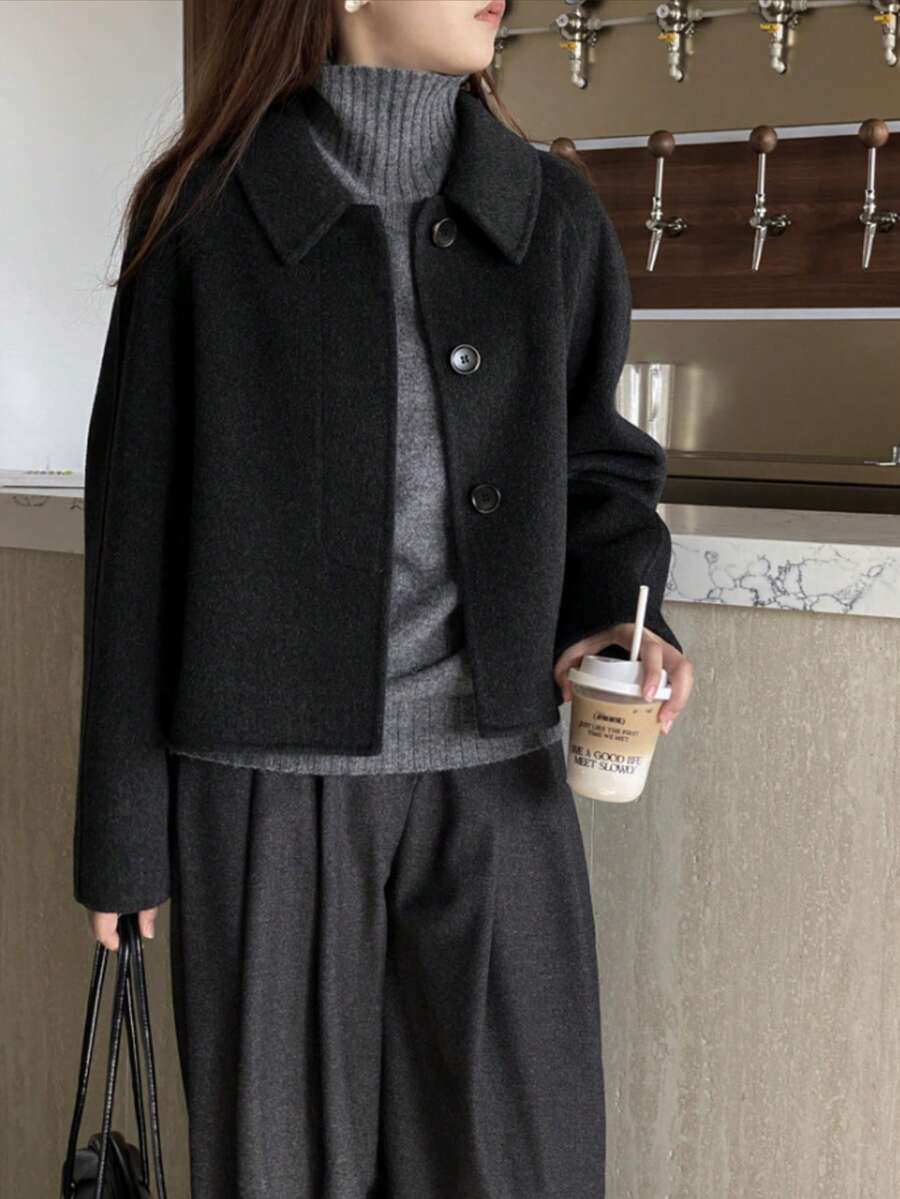 时尚短款女士西装外套，厚实修身，适合秋冬 - 黑色 - 查看 1