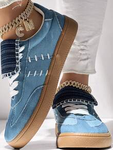 女士蓝色休闲运动鞋，系带舒适轻便平底鞋，学院风帆船鞋，开学季新品 - 藍色 - 查看 4