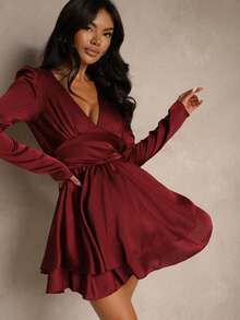 Satin Mini Dress With Deep Neckline And Tie Back - Burgundy - View 4