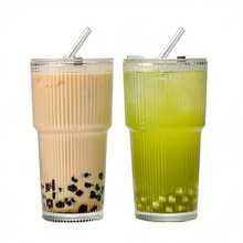 Two 20oz Glass Beverage Cups, Glass Cups With Straws And LIDS, Covered Iced Coffee Cups, Beverage Glass Cups, Office, Home And Striped Glass Cups, Glass Coffee Cups, Iced Coffee Cups, Beverage Cups - 2 bộ - Xem 11