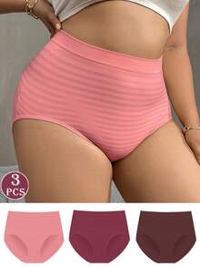 Calcinha feminina plus size, confortável, elástica, cintura alta, levantamento de bumbum, listrada, sem costura, cobertura total, 3 peças