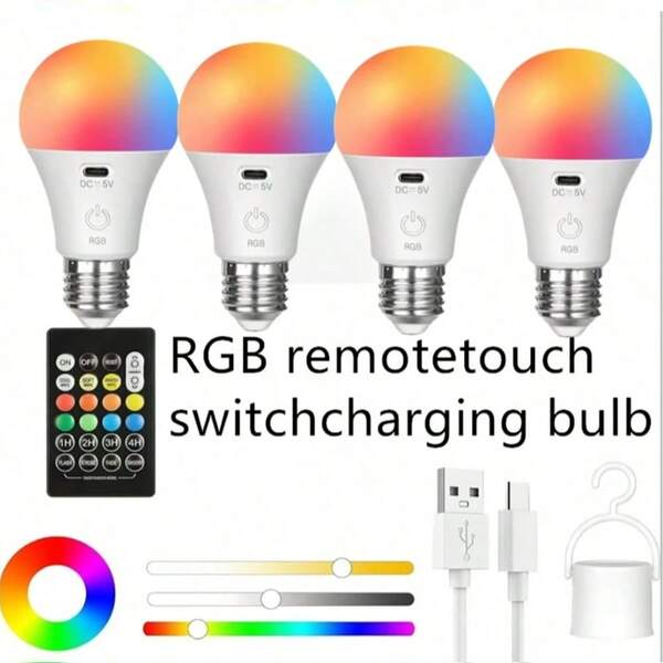 A60 Rechargeable Light Bulb With Remote Control, USB Charging, Type-C Interface, DC 5V, RGB Color Changing & 3 Color Temperatures, 11 Colors Optional, Dimmable Bulb With Timer Function – Suitable For Home Decoration, Ambient Gatherings, Bedrooms, Households And Camping, Compatible With Wireless Table Lamps