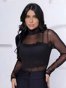 Women's Transparent Style Bodysuit Sensual Look In Plain Tulle High Neck Perfect Look For A Night Out Party - Black - View 4
