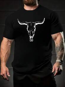Customizable Bull Skull Design On Black Shirt Comfortable Festival Gifts
