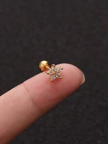 3pcs 14K Gold Plated Stainless Steel Cubic Zirconia Flower Cartilage Earrings, Suitable For Ear Helix, Tragus, Conch, Round CZ Piercing Jewelry - Gold-1# - View 4