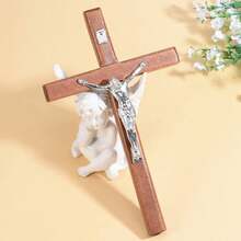 1pc Wooden Large Cross Wall Hanging Decor, Vintage Home Accessory - Brown - View 5