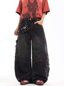 1 chiếc quần jeans denim rách phong cách đường phố Mỹ cổ điển của Justice Brother, quần ống rộng thoải mái, nhiều túi, phù hợp cho mọi mùa - màu đen - Xem 5