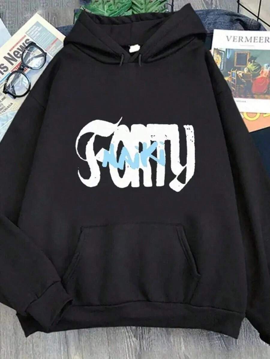 Nicky & Nicole FORTY Graphic Hoodie - Oversized, Hip-Hop Style Pullover For Men & Women, Gray With Black Geometric Print, Drawstring Hood, All-Season Comfort, Sporty Pullover|Casual Style|Comfortable Fit,Fall Hoodies,Men's Fall Clothes,Street Wear,Halloween,Mens Hoodies,Y2k Clothes,Jesus Hoodie,Thanksgiving Day,Nightmare Before Christmas,Christmas - Black - View 1