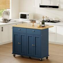 JAMFLY Kitchen Island With Drop Leaf, Rolling Kitchen Cart With Storage On Wheels, Table Bar Cart For Kitchen With Towel Rack & Seating Area For Dining Room - Blue - View 3