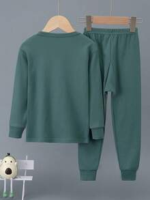 圣诞节幼儿男童保暖内衣套装，绿色圣诞树卡通印花家居服，纯棉春秋睡衣，男童长袖和长裤 - 綠色 - 查看 2