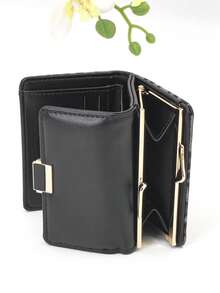 Leopard Print Snap Closure Short Women's Wallet Tri-Fold Multi-Function Purse; Solid Color Snap Closure Short Women's Wallet Tri-Fold Multi-Function Purse For Women Wallet Mini Wallet Purse Wallet Fall Small Wallet Cute Wallet - Black - View 2