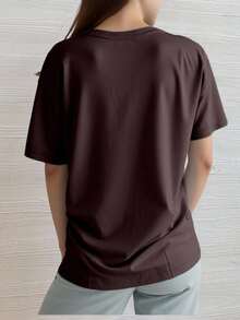 Camiseta basica playera mujer dama cuello redondo manga corta algodón comoda fresca lisa suave - Marrón Chocolate - Ver 3