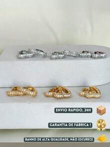 [ SEMI JEWELLERY ] Trio Kit Of Heart Hoop Earrings Studded With Zirconia 18k Gold Plated Anti-Allergic - Vàng - Xem 2