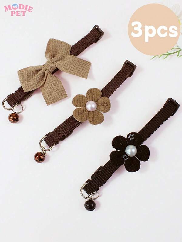 1/3pcs Adjustable Coffee Color Flower & Bow Pet Collar, Suitable For Cats, Teddy Dogs, Daily Use