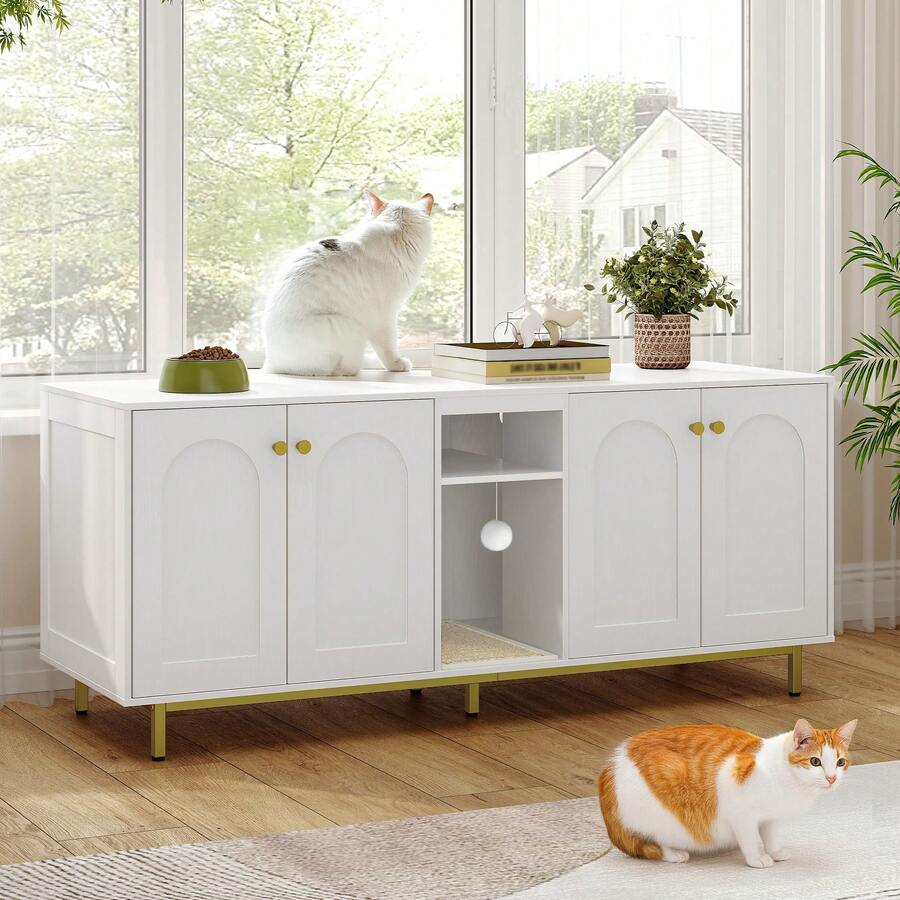 HaluPeit Cat Cabinet For 2 Cats, Litter Box Cabinet, Hidden Cat House With Double Rooms, With Storage Space, Plush Balls, Can Be Used As A TV Cabinet, 140 X 48 X 62 Cm, White And Gold - 白色 - 查看 1
