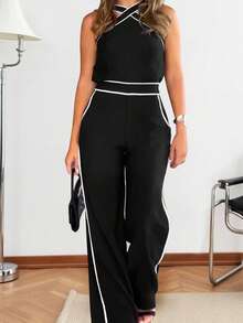 Conjunto de 2 piezas: Mono de pierna ancha con cinturón y escote cruzado de moda para mujer - Negro - Ver 1