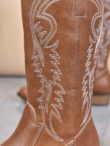 2025 秋冬新款女式刺绣皮革白色西部靴，尖头粗跟中筒靴，户外休闲时尚靴，牛仔靴 - 棕色 - 查看 5