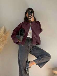 Urban Casual Solid Color Front Zipper Pocket Jacket, Relaxed Long Sleeve Bomber Jacket, Suitable For Spring And Autumn - Burgundy - View 2