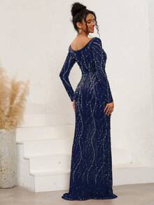 藏蓝色水晶装饰长裙 - 长袖，深V领，全身水晶装饰，修身鱼尾廓形 | 优雅正式礼服，适合晚宴、舞会和特殊场合 - 藏蓝色 - 查看 1