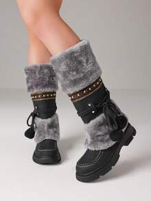 Women's Winter Furry Knee High Snow Boots Fashion Platform Chunky Heels Warm Faux Fur Lining Pull On Casual Comfy Boots Woman - 黑色 - 查看 3