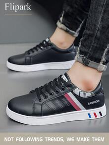 Flipark Giày trượt patin buộc dây thiết kế sọc dành cho nam - Mặt trên bằng da PU chống mòn, lớp vải bên trong thoáng khí, đế vải, đế PVC chống trượt, mũi giày tròn, hoàn hảo cho trang phục thường ngày ngoài trời vào mùa thu, xuân, hạ, đông - màu đen - Xem 4