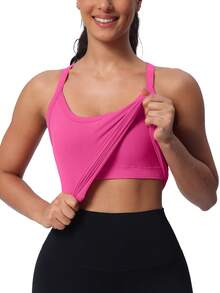 Camisetas sin mangas para entrenamiento MathCat para mujer con sujetador incorporado, camisetas sin mangas para gimnasio, camisetas deportivas para yoga con espalda cruzada sin costuras - Rosa melocotón - Ver 5
