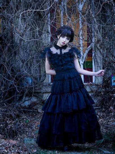 1 pieza Vestido negro de Merlina Addams para cosplay, disfraz de Halloween de /Vestido de princesa