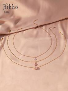 Hihho 3 件套时尚优雅项链套装，锆石镶嵌腰部设计圆柱形吊坠，方形吊坠，可爱蝴蝶吊饰，奢华珠宝礼物，适合女士 - 粉色 - 查看 3