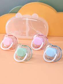 KUNT 4pcs Baby Pacifier Set, Daytime Round Nipple, Nighttime Flat Nipple, Silicone Pacifier Nipples With Dust Cover And Plastic Handle, PTCG Transparent Shell Design
