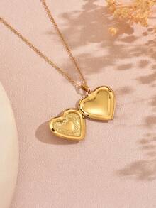 1 件经典浪漫心形纹理不锈钢照片盒项链，适合女性约会或日常佩戴，或作为节日礼物送给爱人 - 金黃色 - 查看 5