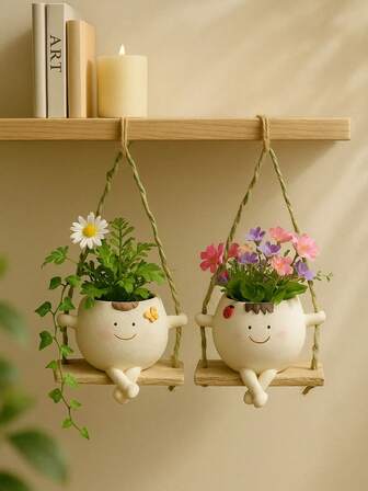 Cute Hanging Swing Planter Pot With Smiling Face, Indoor Outdoor Decorative Flower Pot For Balcony, Garden Or Dorm Room Decor